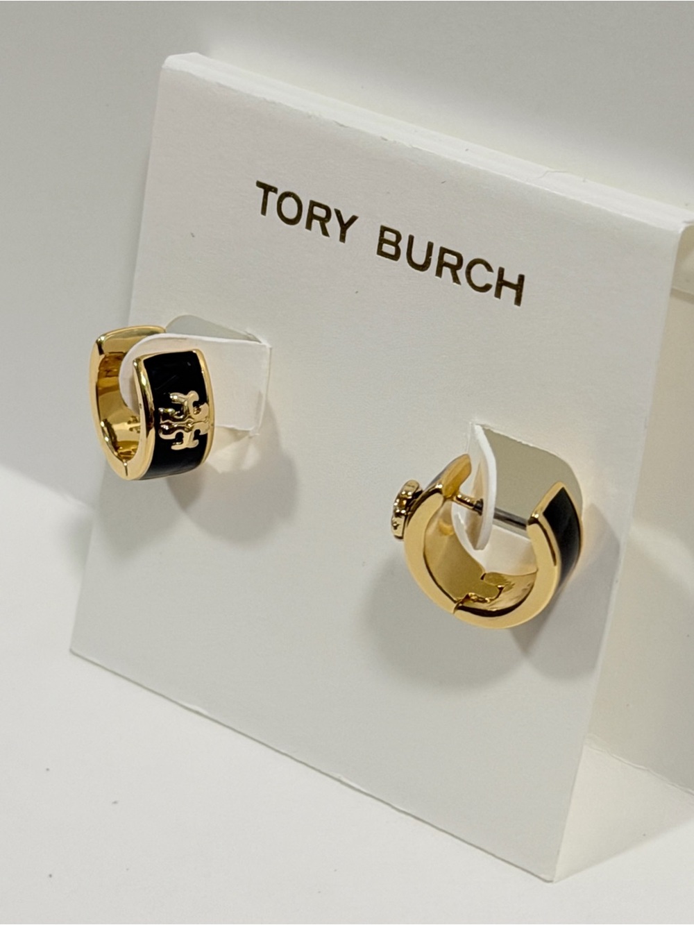 Tory Burch Icon Enamel Huggie 18K Gold & Black Hoop Earrings NWT